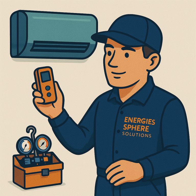 Technicien Energies Sphère Solutions effectuant l’entretien d’une climatisation murale avec outils de frigoriste professionnels.