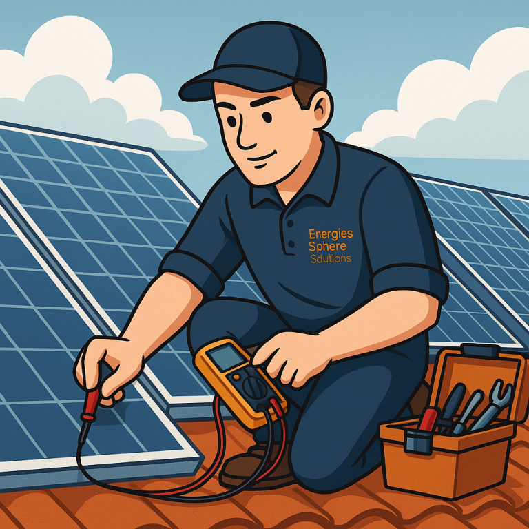 Technicien Energies Sphère Solutions effectuant un contrôle de panneaux photovoltaïque avec un multimètre sur toiture.