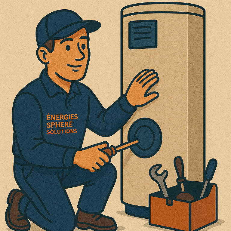 Technicien Energies Sphère Solutions effectuant l’entretien d’un chauffe eau thermodynamique à l’aide de manomètres et d’un tournevis.